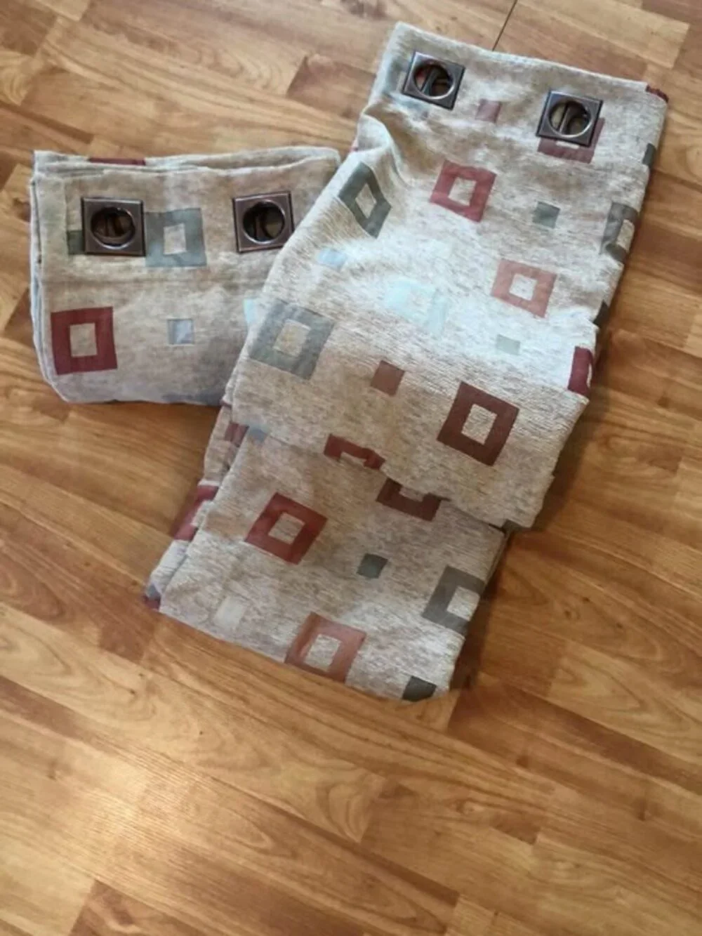1 set full length Geometric Squares pattern semi heavy window curtains beige